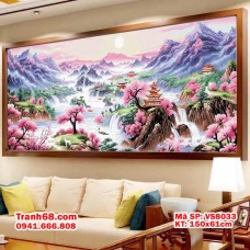 Tranh Thêu Chữ Thập Chưa Thêu Sơn Thủy Hoa Đào – Mã SP VS8033 (150x61cm)
