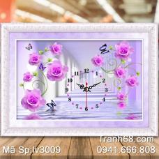 Tranh Thêu Chữ thập Đồng hồ hoa hồng (màu tím) LV3009 67x43cm