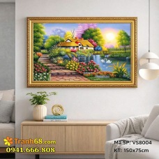 Tranh Thêu Chữ Thập Phong Cảnh Ngôi Nhà Bên Hồ – Mã VS8004 (150x75cm) – Full Phụ Kiện