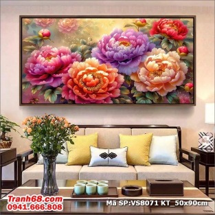 Tranh Thêu Chữ Thập Chưa Thêu Hoa Mẫu Đơn Phú Quý – Mã SP: VS8071 ( 50x90cm)