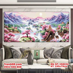 Tranh Thêu Chữ Thập Chưa Thêu Sơn Thủy Hoa Đào – Mã SP VS8034 (195x79cm)