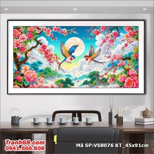 Tranh Thêu Chữ Thập Chưa Thêu VS8076 – Song Điểu Hoa Mẫu Đơn Dưới Trăng (45x91cm)