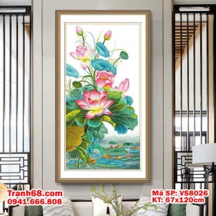 Tranh Thêu Chữ Thập Hoa Sen – Bộ Kit Tranh Thêu Chưa Thêu Cao Cấp VS8026 KT 67x120cm