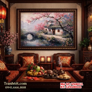 Tranh Thêu Chữ Thập Phong Cảnh Hoa Đào Bên Nhà Cổ VS8011