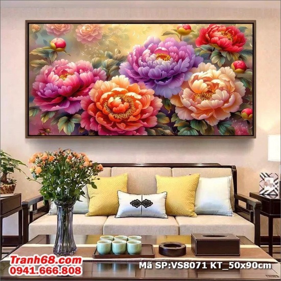 Tranh Thêu Chữ Thập Chưa Thêu Hoa Mẫu Đơn Phú Quý – Mã SP: VS8071 ( 50x90cm)