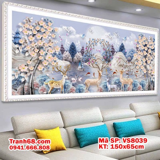 TRANH THÊU CHỮ THẬP CHƯA THÊU – PHONG CẢNH HƯƠU TÀI LỘC VS8039 (150x65cm)