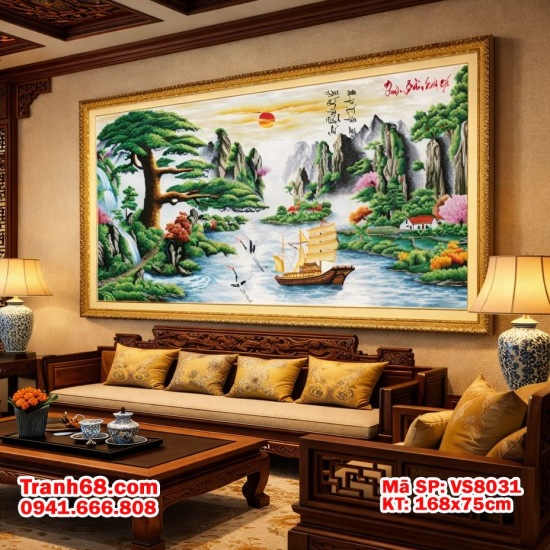 Tranh Thêu Chữ Thập Chưa Thêu Sơn Thủy Hữu Tình – Thuận Buồm Xuôi Gió Mã SP VS8031 (168x75cm)