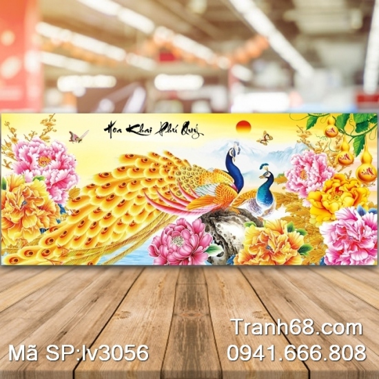 Tranh thêu chữ thập Hoa Khai Phú quý Lv3056 KT 92x43cm