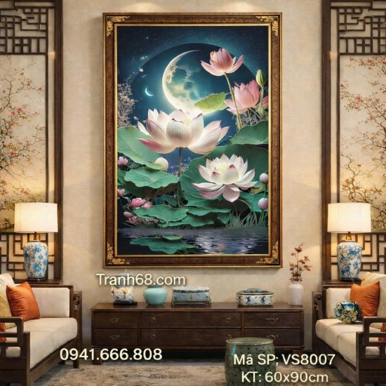 Tranh Thêu Chữ Thập Hoa Sen Dưới Ánh Trăng Mã SP:  VS8007 (60x90cm) – Full Phụ Kiện