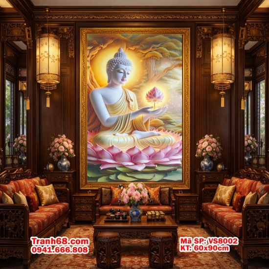 Tranh Thêu Chữ Thập Phật Thích Ca Ngồi Tòa Sen:  VS8002 KT 60x90cm
