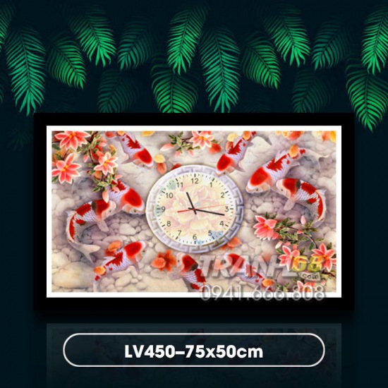 Tranh ĐÍnh đá LV450 Cửu Ngư Quần Hội (đồng hồ) kích thước: 75x50cm