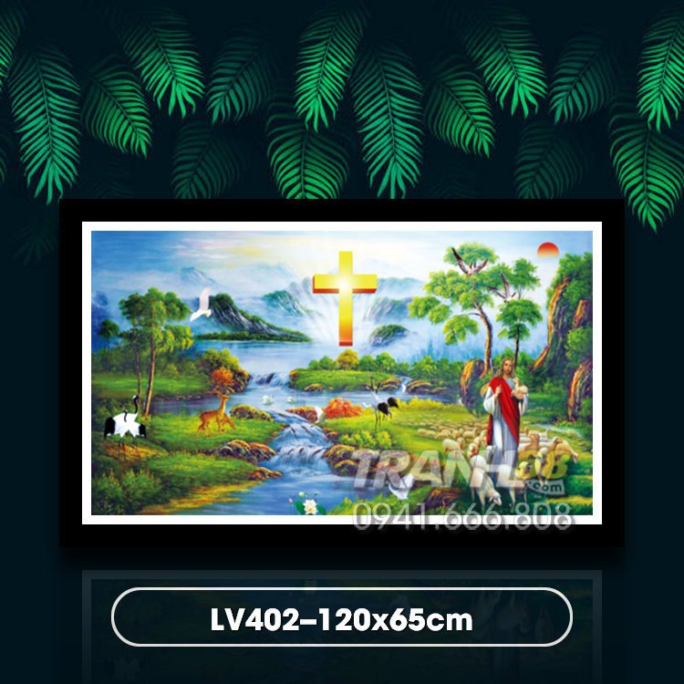Tranh ĐÍnh đá LV402 Chúa Jesu chăn cừu kích thước: 120x65cm
