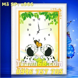 Tranh Thêu Chữ Thập Đồng hồ 2 chú cún con DLH-YA986