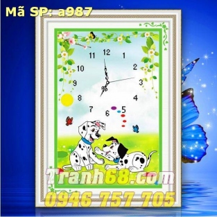 Tranh Thêu Chữ Thập Đồng hồ 2 chú cún con DLH-YA987