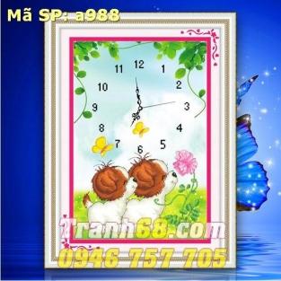 Tranh Thêu Chữ Thập Đồng hồ 2 chú cún con DLH-YA988