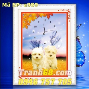 Tranh Thêu Chữ Thập Đồng hồ 2 chú cún con DLH-YA989