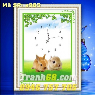 Tranh Thêu Chữ Thập Đồng hồ 2 con thỏ DLH-YA985