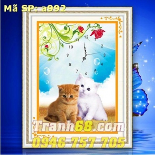 Tranh Thêu Chữ Thập Đồng Hồ Con Mèo DLH-YA992