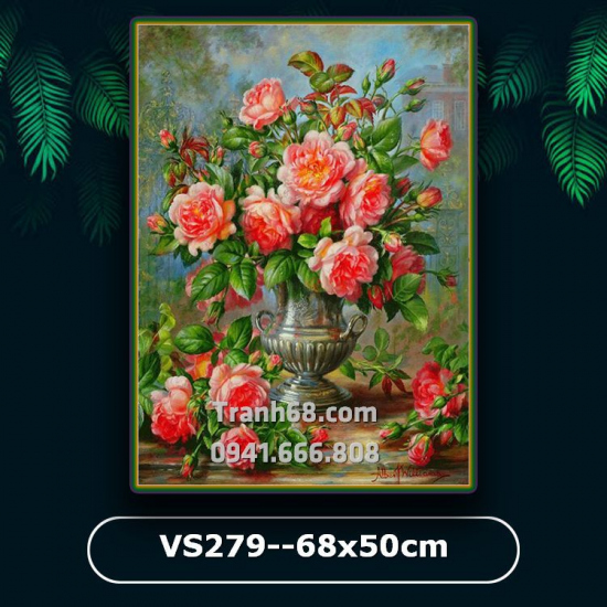 Tranh Đính Đá ABC cao cấp Bình hoa hồng cổ VS279 Kích thước: 68x50cm