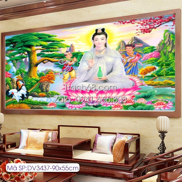 Tranh thêu chữ thập Phật Bà Quan Âm DV3437-LV3437 kích thước: 90x55cm 