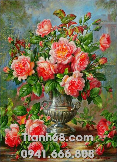 Tranh Đính Đá ABC cao cấp Bình hoa hồng cổ VS279 Kích thước: 68x50cm