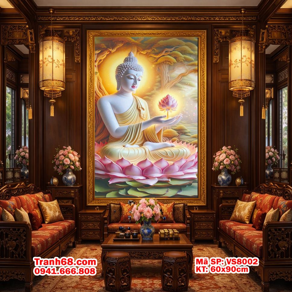 Tranh Thêu Chữ Thập Phật Thích Ca Ngồi Tòa Sen:  VS8002 KT 60x90cm