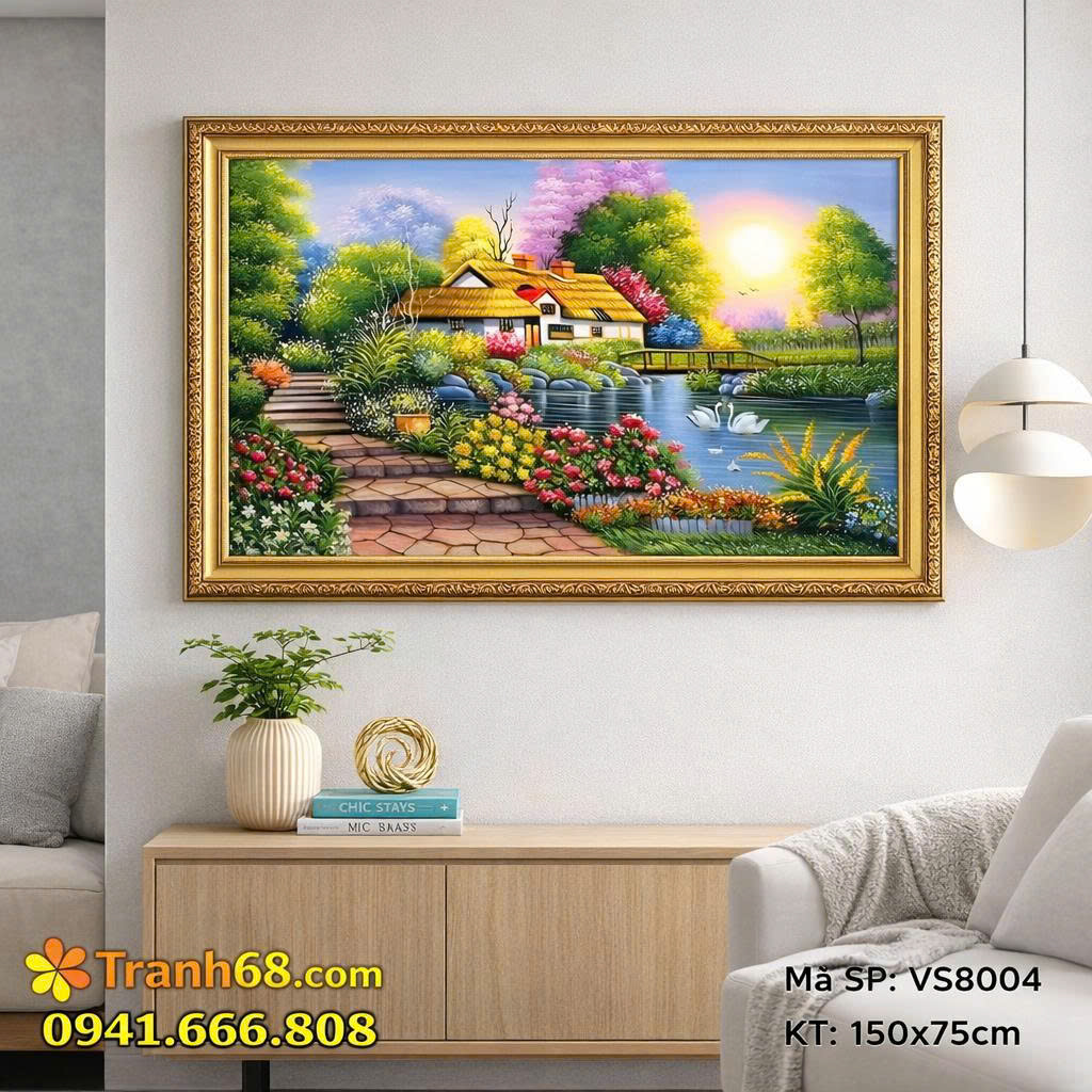 Tranh Thêu Chữ Thập Phong Cảnh Ngôi Nhà Bên Hồ – Mã VS8004 (150x75cm) – Full Phụ Kiện
