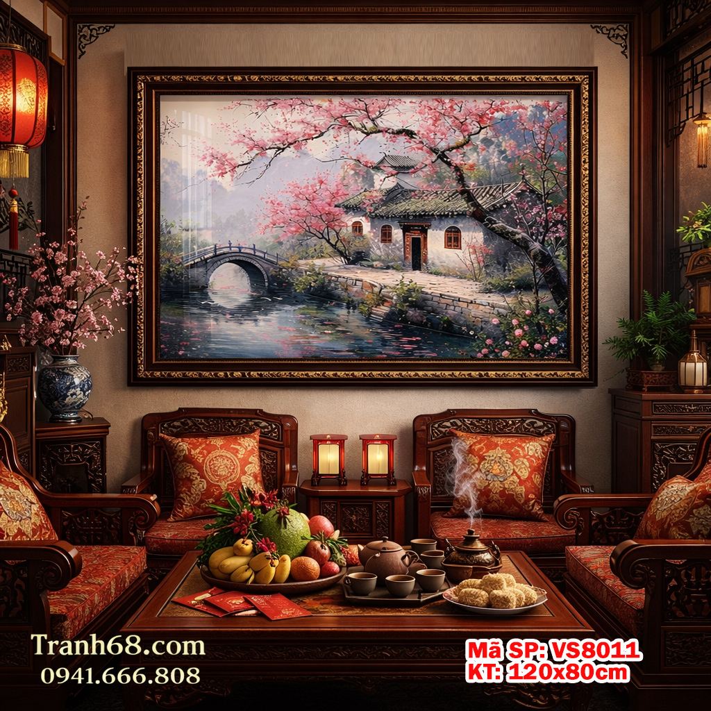 Tranh Thêu Chữ Thập Phong Cảnh Hoa Đào Bên Nhà Cổ VS8011