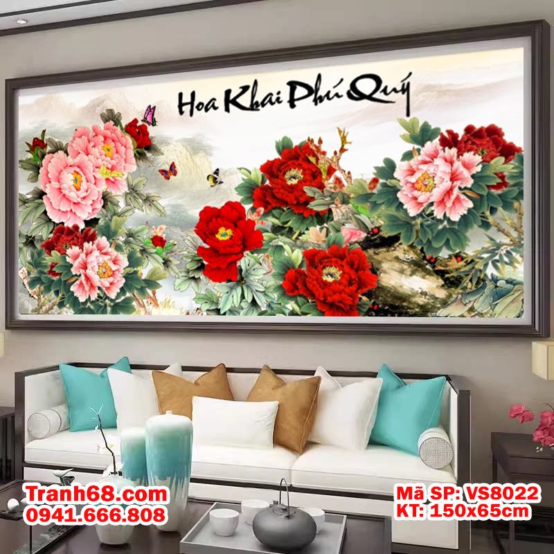 Tranh Thêu Chữ Thập Hoa Khai Phú Quý VS8022 - KT 150x65cm