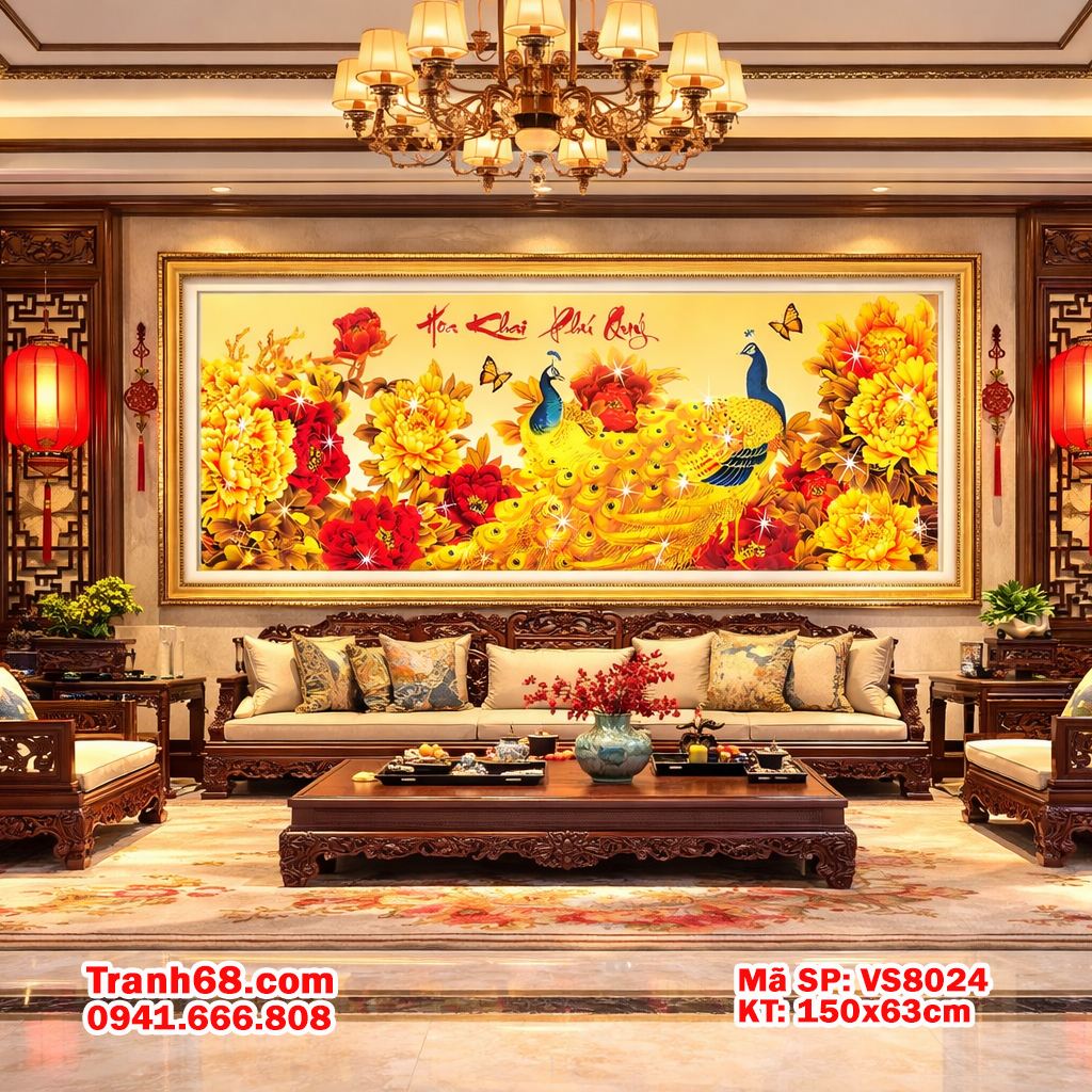 Tranh Thêu Chữ Thập Hoa Khai Phú Quý Chim Công – Bộ Kit Chưa Thêu Cao Cấp VS8024 KT 150x63cm