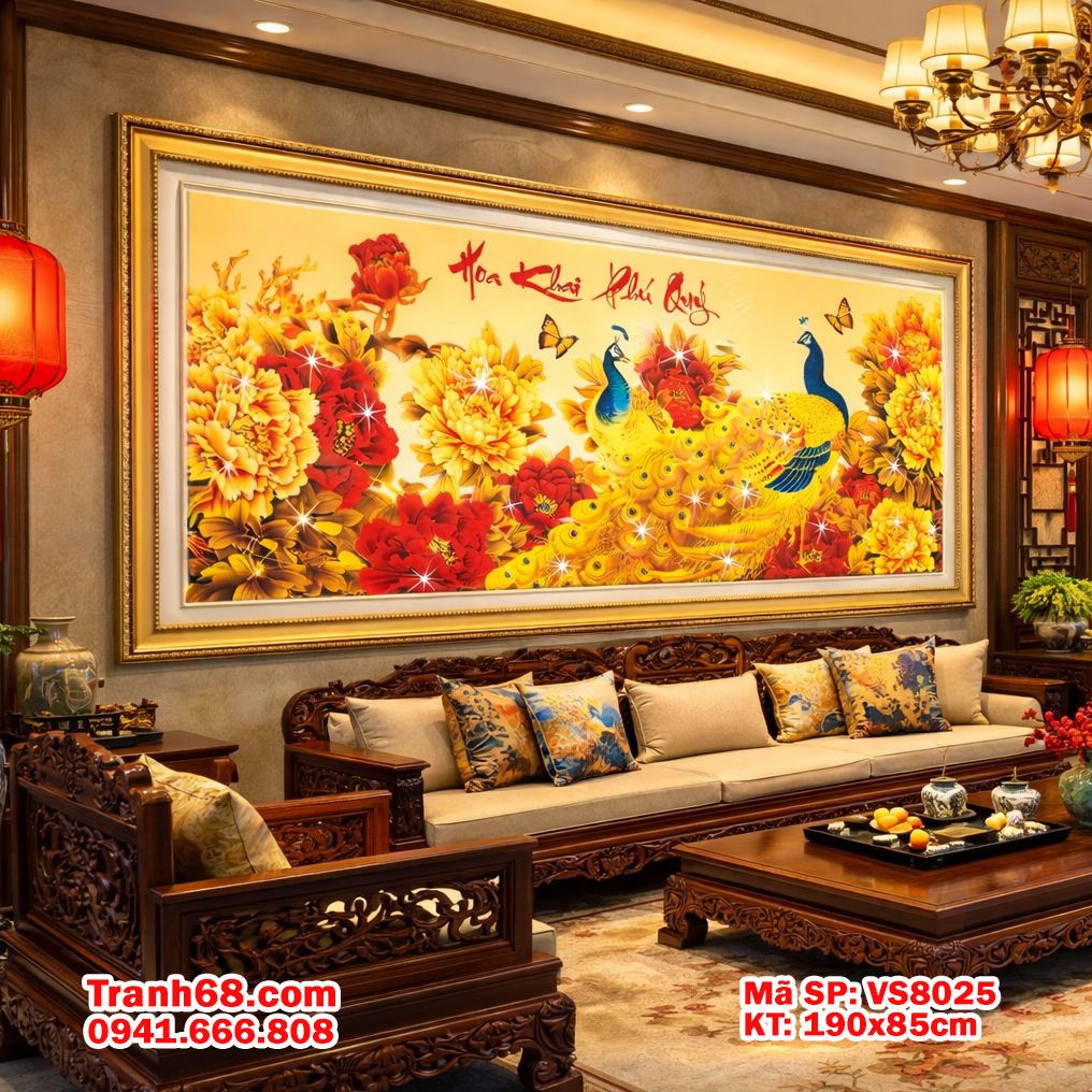 Tranh Thêu Chữ Thập Hoa Khai Phú Quý Chim Công – Bộ Kit Chưa Thêu Cao Cấp VS8025 KT 195X84cm