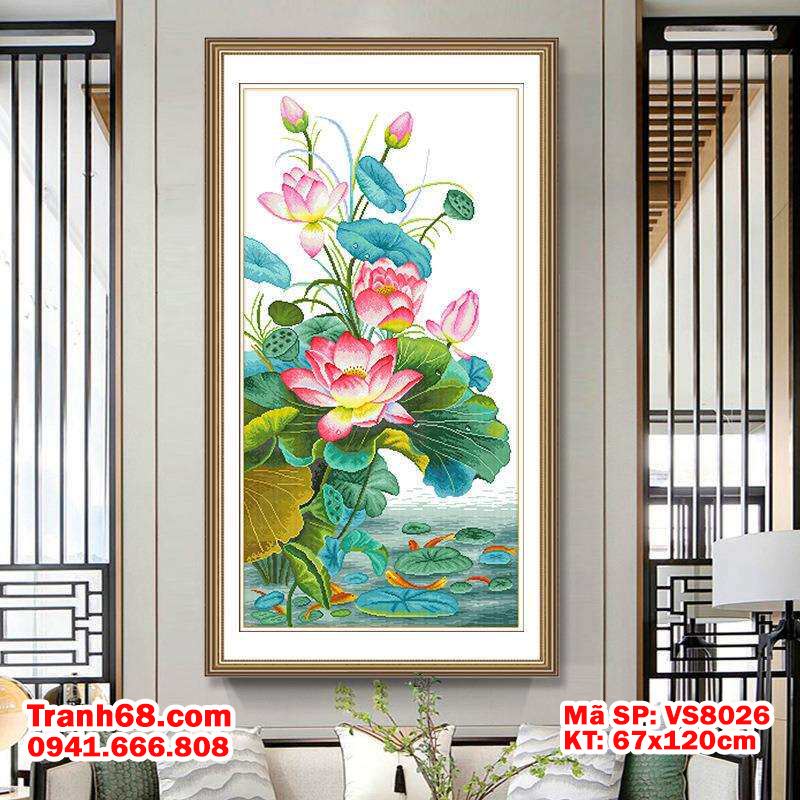 Tranh Thêu Chữ Thập Hoa Sen – Bộ Kit Tranh Thêu Chưa Thêu Cao Cấp VS8026 KT 67x120cm