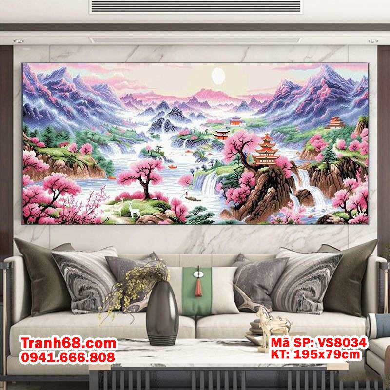 Tranh Thêu Chữ Thập Chưa Thêu Sơn Thủy Hoa Đào – Mã SP VS8034 (195x79cm)