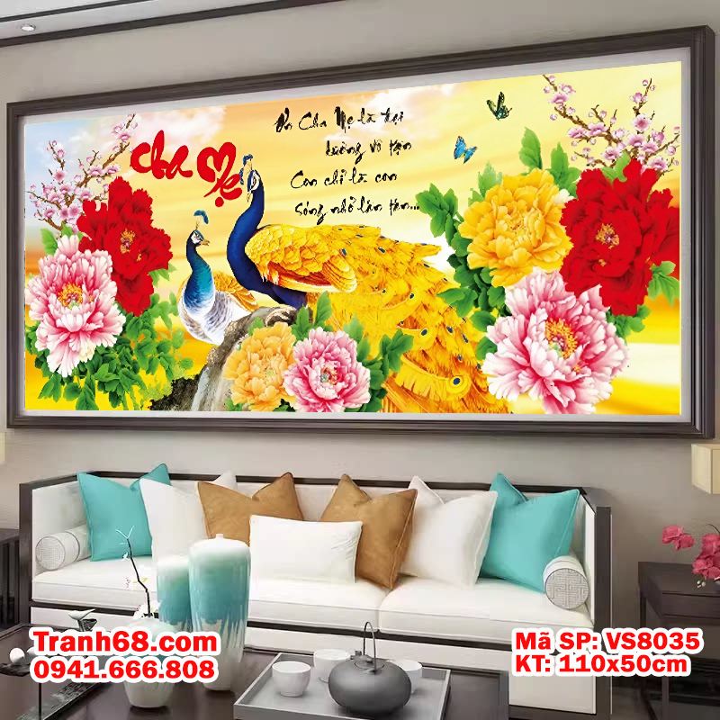 Tranh thêu chữ thập chưa thêu Cha Mẹ -Chim công hoa mẫu đơn VS8035 (110X50CM)