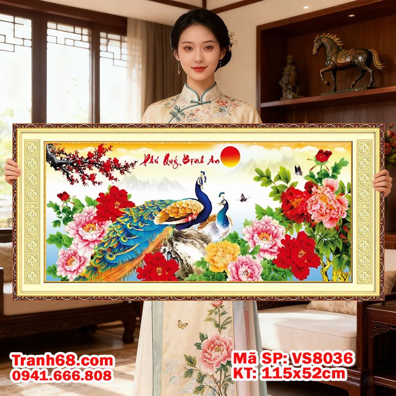 Tranh Thêu Chữ Thập Chưa Thêu Phú Quý Bình An – Chim Công Hoa Mẫu Đơn | Mã SP VS8036 (115x52cm)