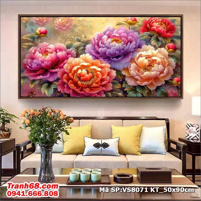 Tranh Thêu Chữ Thập Chưa Thêu Hoa Mẫu Đơn Phú Quý – Mã SP: VS8071 ( 50x90cm)