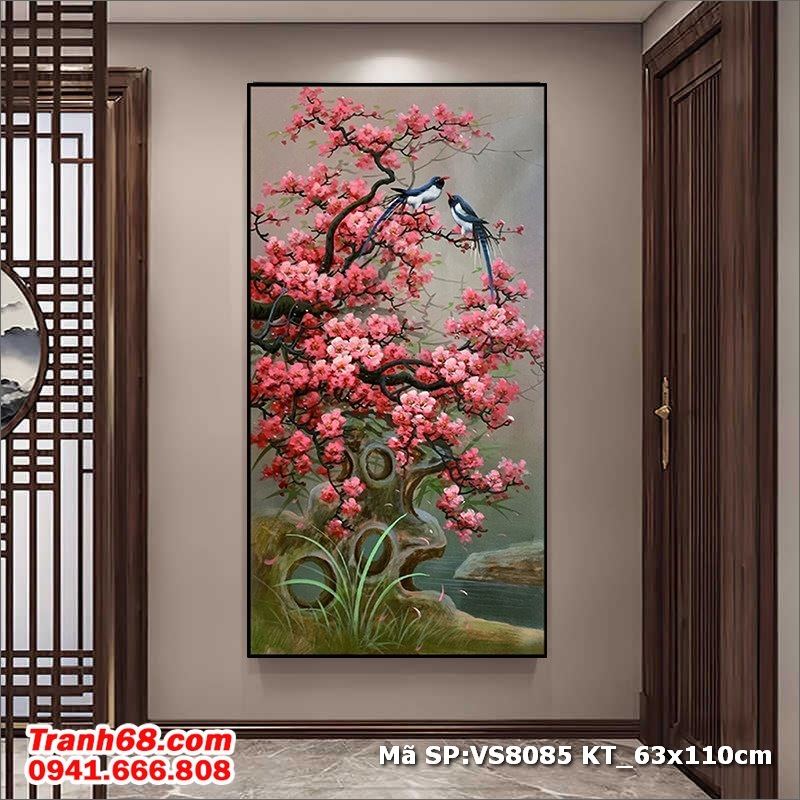 Bộ Kít Tranh Thêu Chữ Thập Chưa Thêu Hoa Đào Chim Én VS8085 (63x110cm)